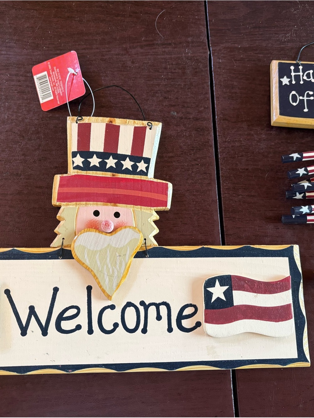 Patriotic Wooden NWT Welcome Sign with Uncle Sam Accent set of 2